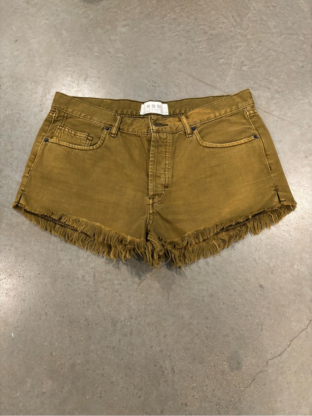 Free People Mustard Olive Frayed Hem Denim Shorts 30 waist